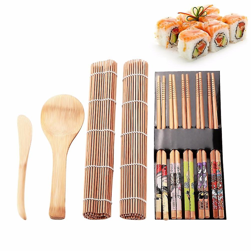 Bamboo Sushi Maker Set with Rolling Mat, Sushi Curtain, Blade, Spoon and Chopsticks Kit for Easy Homemade Sushi Preparation