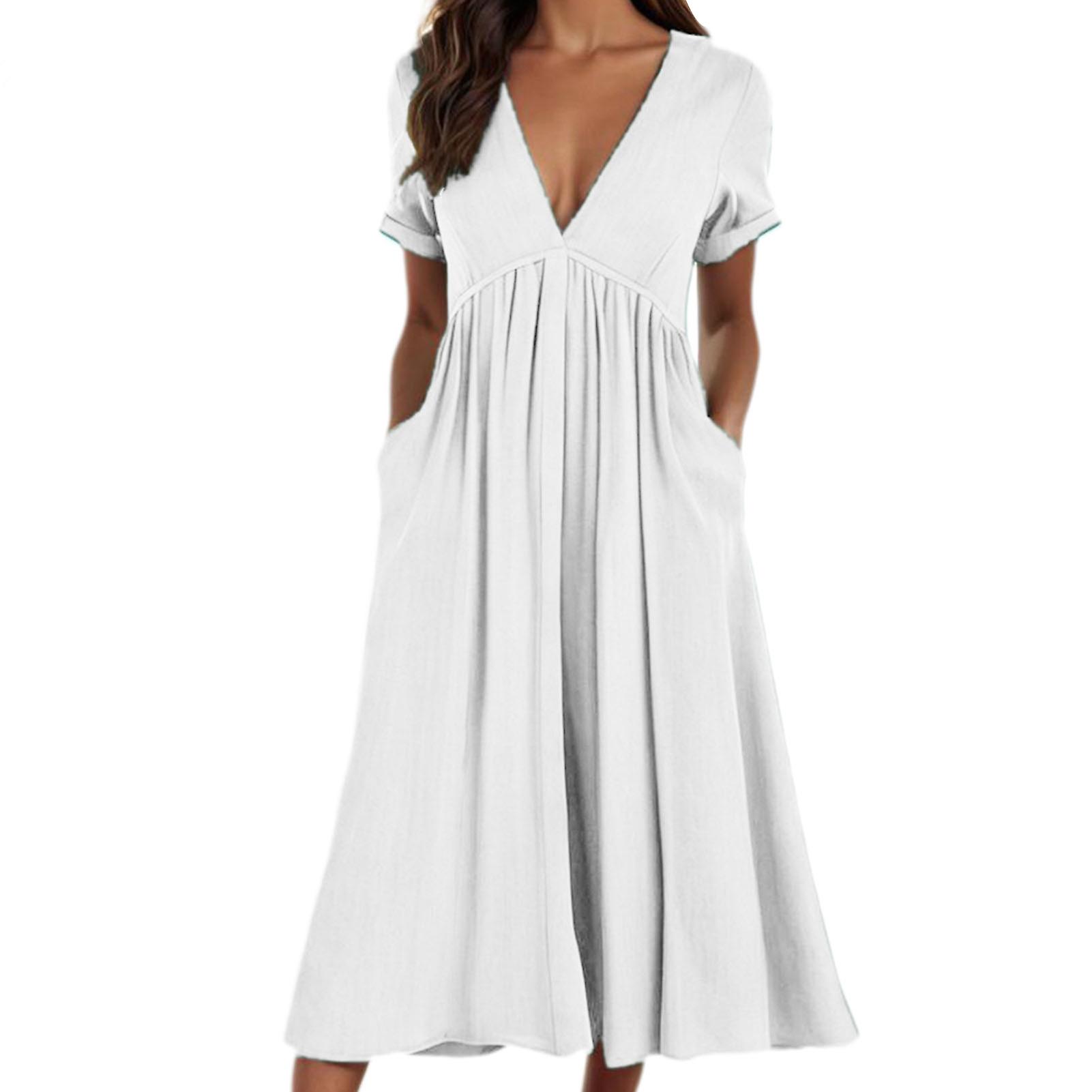 Summer Midi Dress V Neck Short Sleeve Loose Fit Women