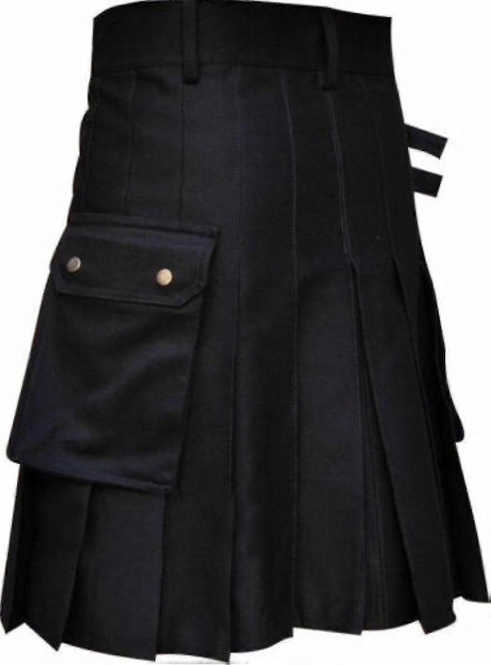 DSS KILTS Men's Hybrid Utility Kilt – Black Cotton & Tartan With Leather Straps, Cargo Pockets - View #6
