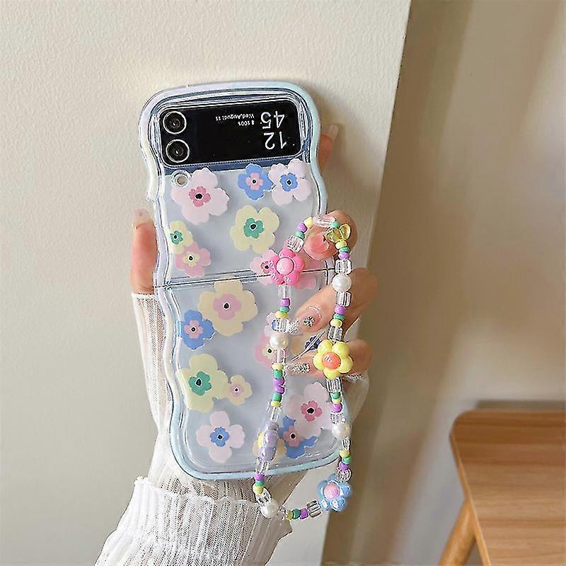 Z Flip 5 Case,colorful Floral Clear Wavy Shockproof Case For Samsung Galaxy Z Flip 5 With Bracelet