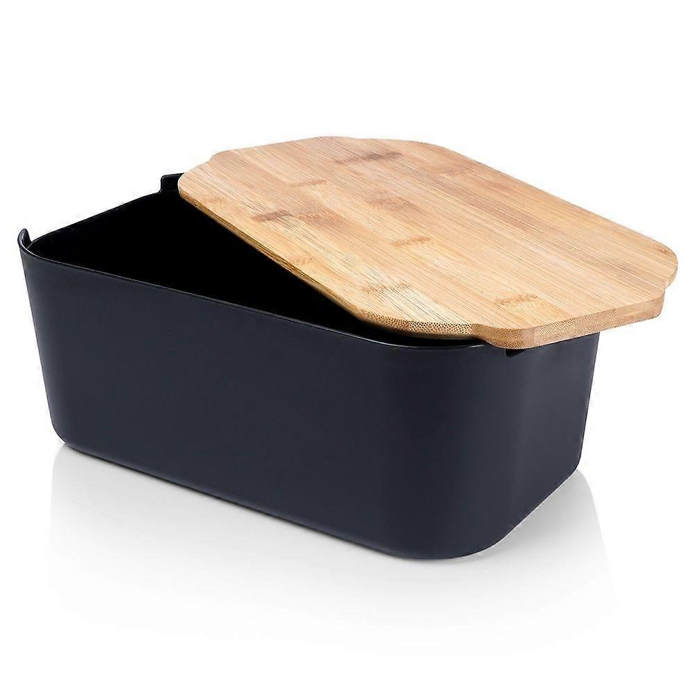 Black bread box with bamboo cutting board