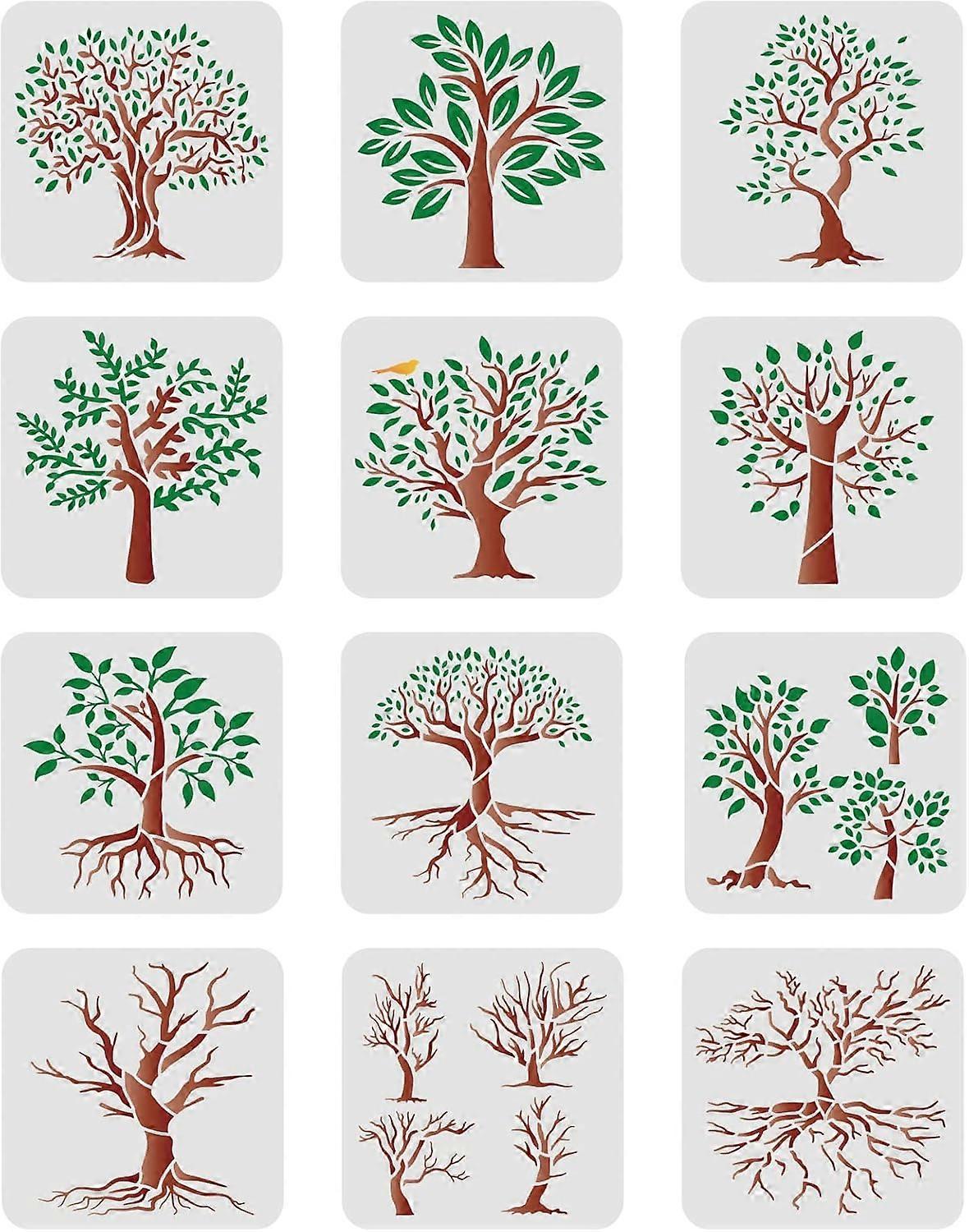 12 Pcs Tree Stencils 7.87x7.87 inch Branches Stencils Plastic Trees Branches Pattern Stencils Reusable Tree Stencil Sets Tree of Life Stencils for Pai