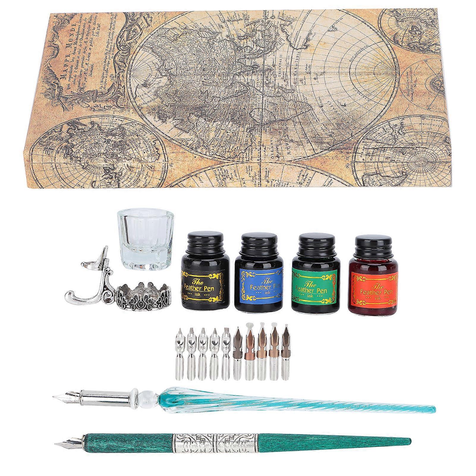 Dip Pen Kit 24x13.5x4.3cm Flat Round Nibs with Ink Holder for Writing Drawing Calligraphy(SP249035 Blackish Green ( Rod Glass Pen ) )