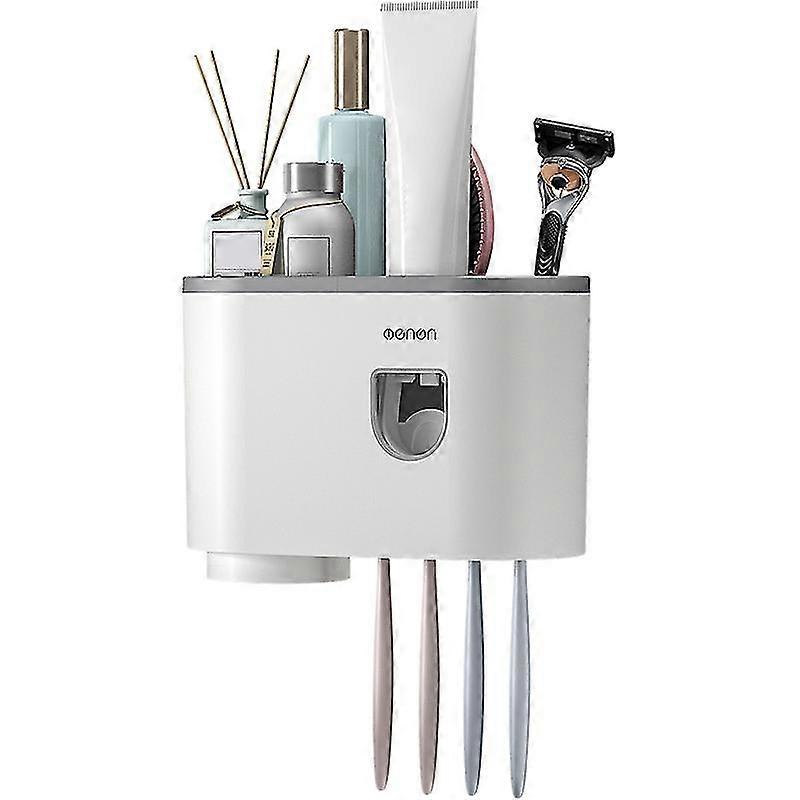 Automatic Toothpaste Dispenser Wall Mount With Magnetic Cups Toothbrush Holder