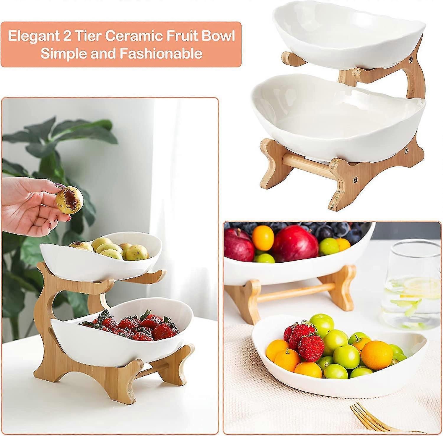 Tier Ceramic Fruit Bowl, With Bamboo Wood Stand, White Kitchen