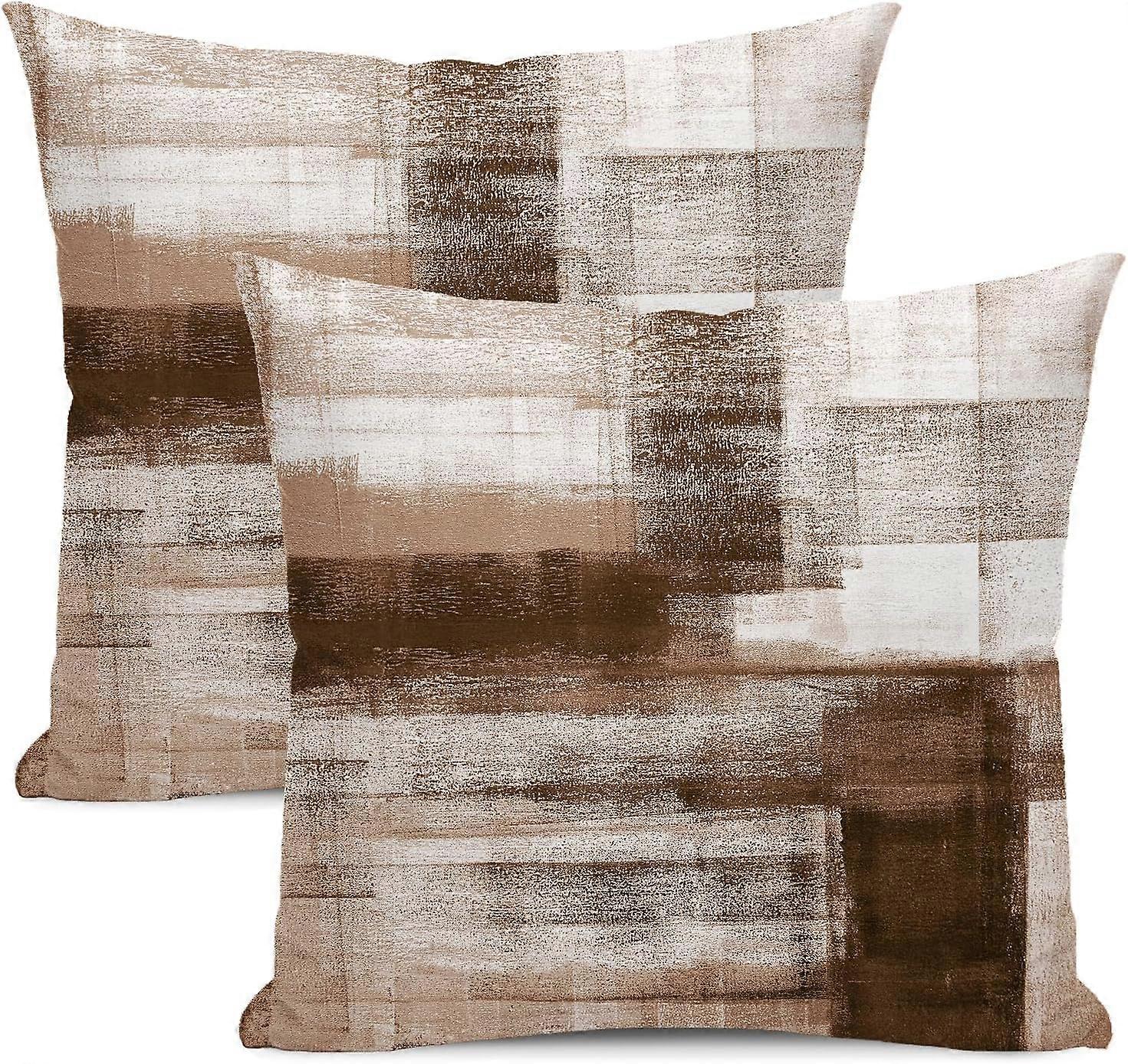 ブラウンベージュの白い枕カバー18x18インチ2個セット、抽象芸術スロー枕ケース、現代幾何学屋外装飾正方形リネン農家の装飾CU