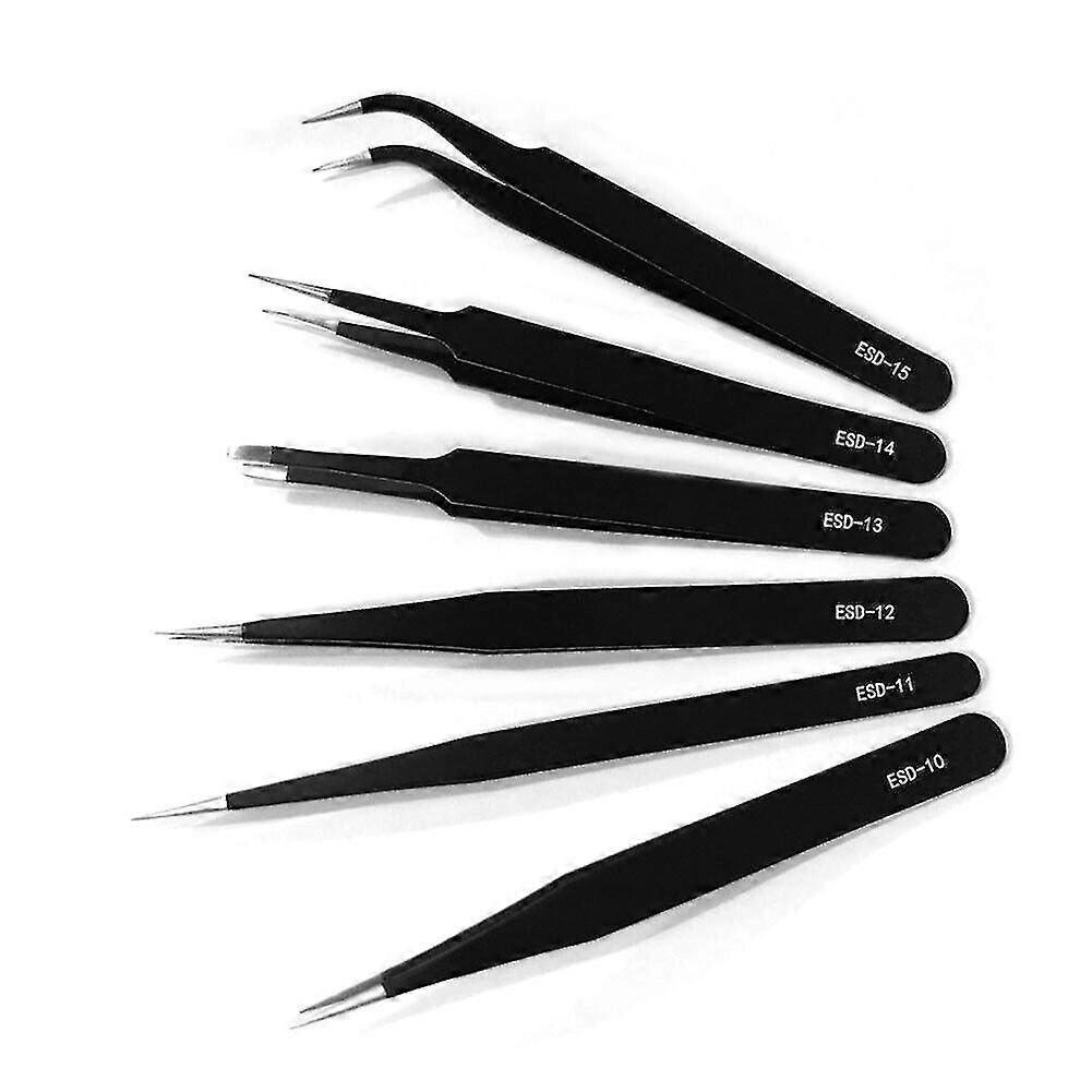 Esd - Tweezers Precision Stainless Steel Straight Angular Anti-static(black)(6pcs)