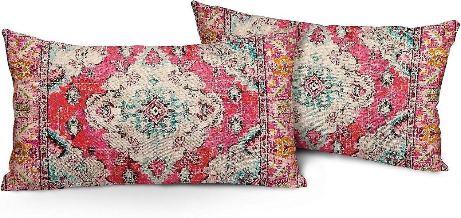 Capas de Almofada Boho 12"x20" Conjunto de 2 Fronhas de Linho com Padrão Duplo Face e Tapete Bohemiano Vermelho para Decoração de Sofá Cama de Fazenda