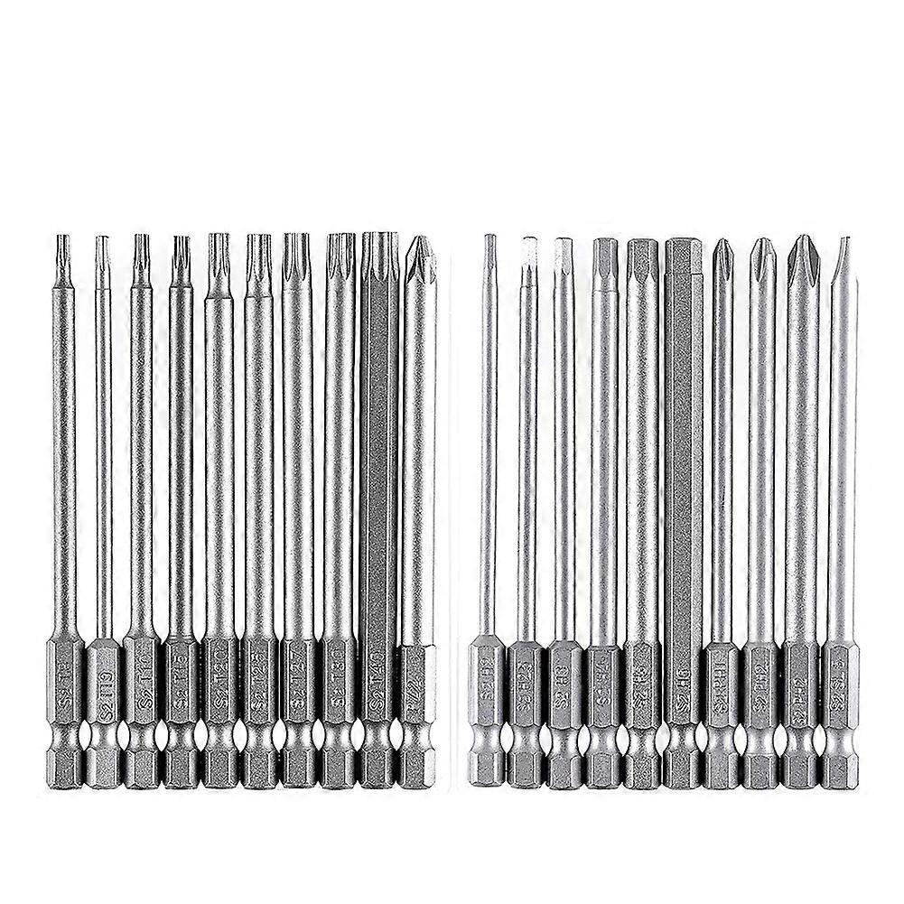 Bit-Set lang, Magnet-Bit-Set 20-tlg. 100mm, Torx-Bit T8-T40, Sechskant-Bit H2-H6, PH1 PH2, PZ2, Schlitzbit, 1/4inch Sechskant
