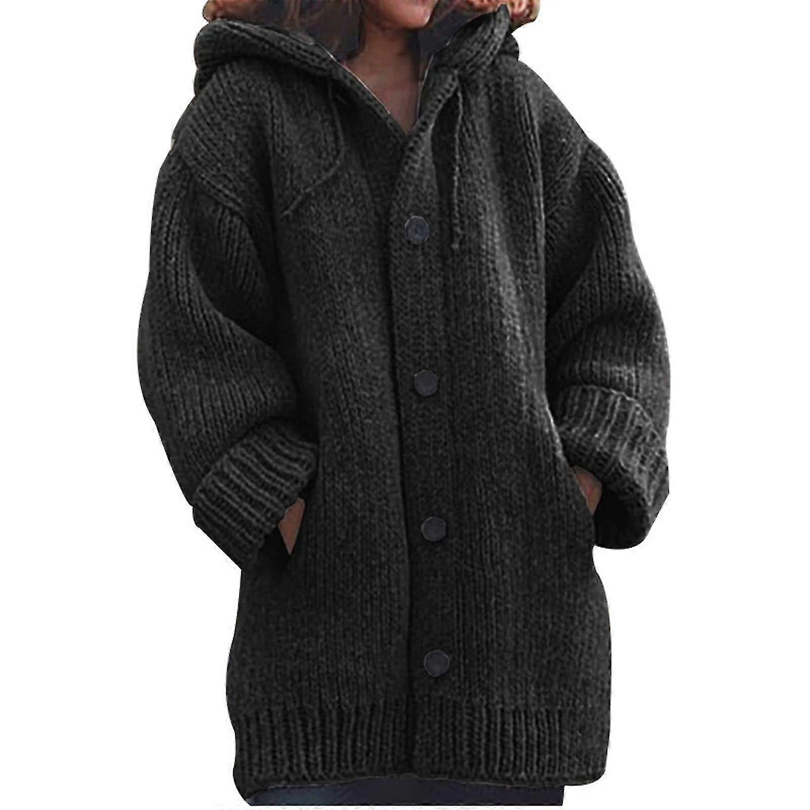 Women Hooded Knitted Sweater Mid-length Button Down Sweater Wool Coat