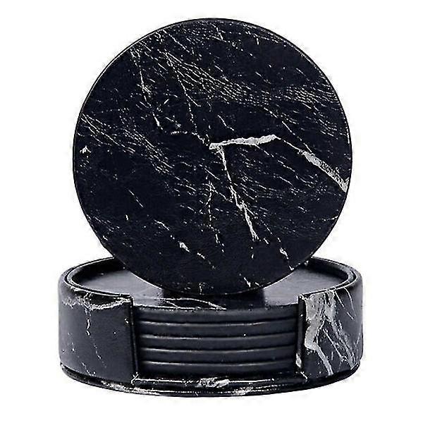 6-Pack Reversible Coasters Black Marble PU with Holder black