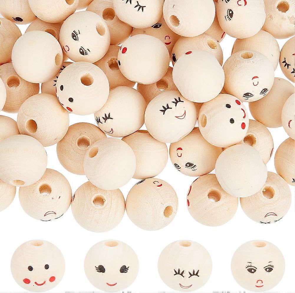100Pcs 4 Styles Printed Wood Beads Round with Smiling Face Pattern Undyed Bisque 20x17.5mm Hole: 4.7mm 25pcs/style