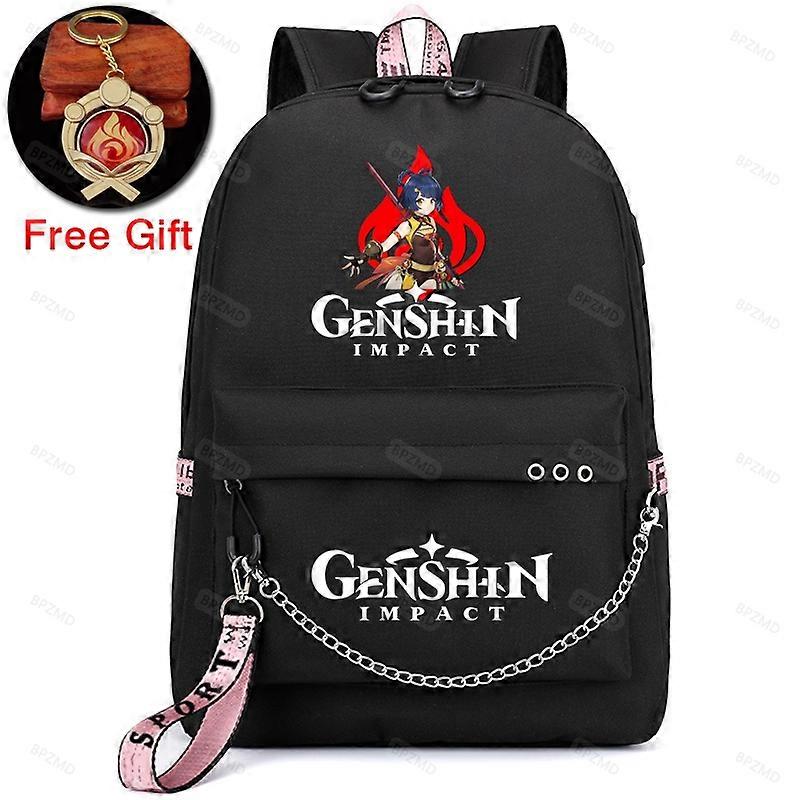Genshin Impact Backpack for Student Schoolbag Women Girls Usb Charge Game Canvas Backpack with Luminous Keychain