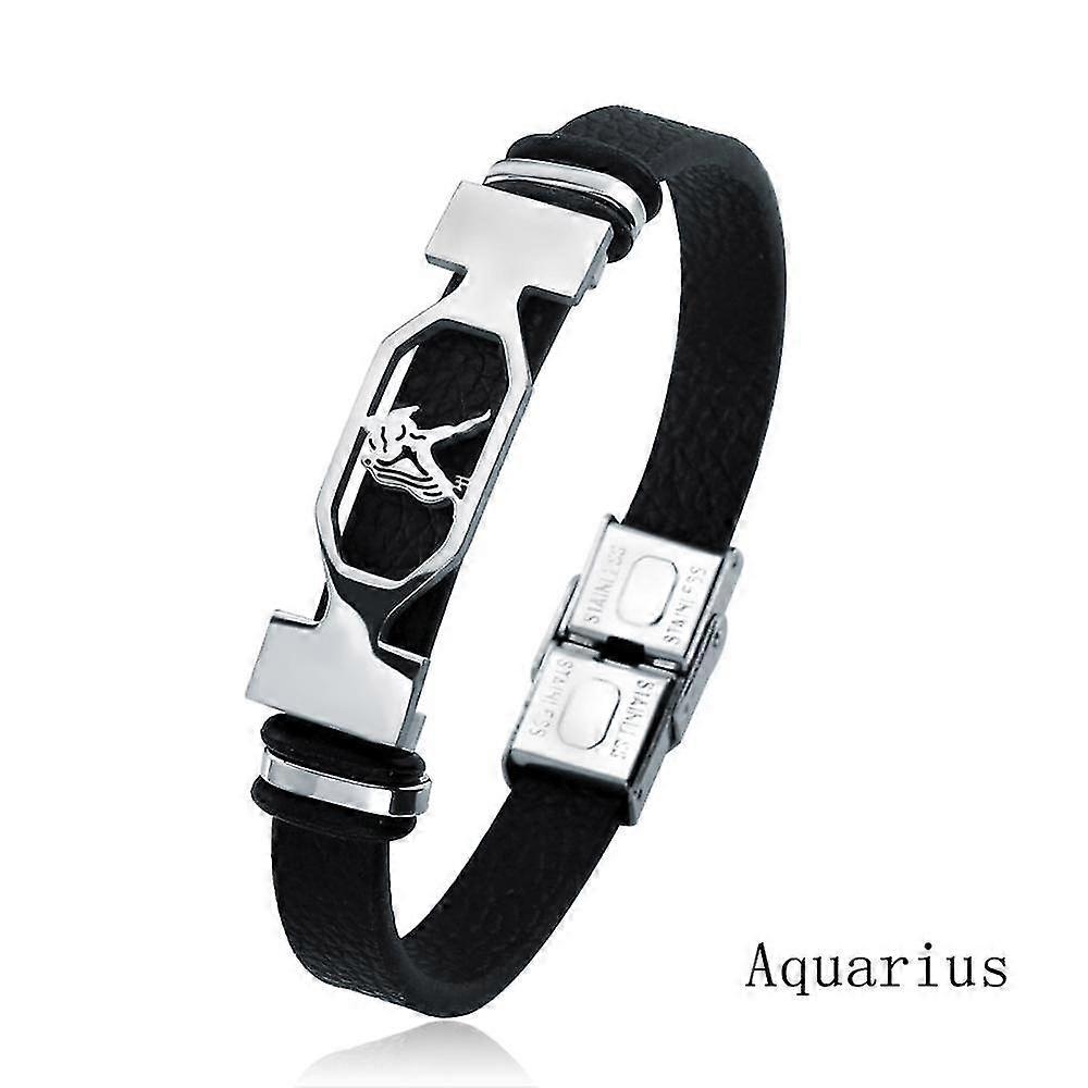 12 Constellation Stainless Steel Cuff Bracelet Άνδρες Γυναίκες Zodiac Sign Black Leather Wrap Bracelet Κοσμήματα Pulseras Hombre