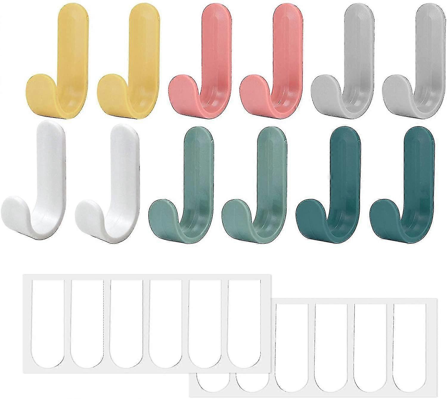 12pcs Colorful Self Adhesive Hooks, Plastic Wall Hook, Coat Rack Hook