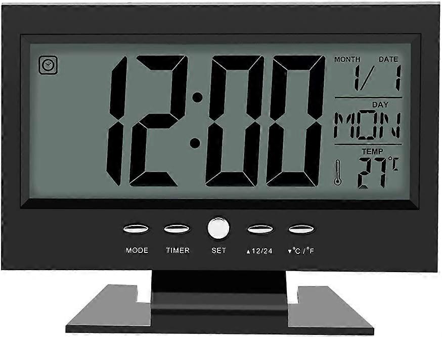 Large LCD Display Digital Sound Sensor Desk Alarm Clock (Black) with Smart Night Light and Snooze Ti