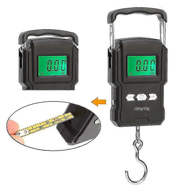 Portable Electronic Scale, 165lbs/75kg Lcd Backlit Digital Fish Scale, Hook Hanging Scale With Tape Measure Ruler, Black, One Piece Crjjkoy