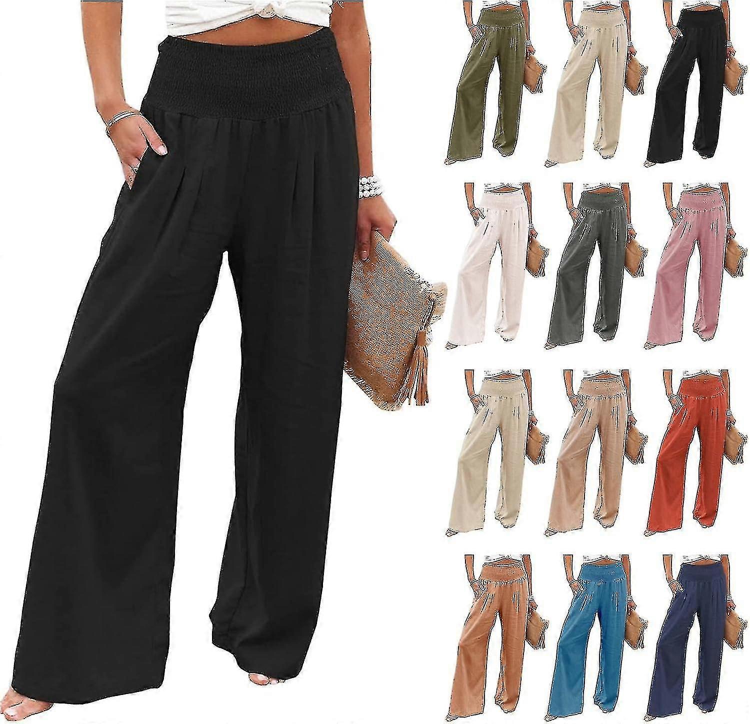 מכנסי פלאצו פשתן לנשים מכנסי חוף רגליים רחבות קיץ מכנסי טרקלין מזדמנים כיס מותן גבוה