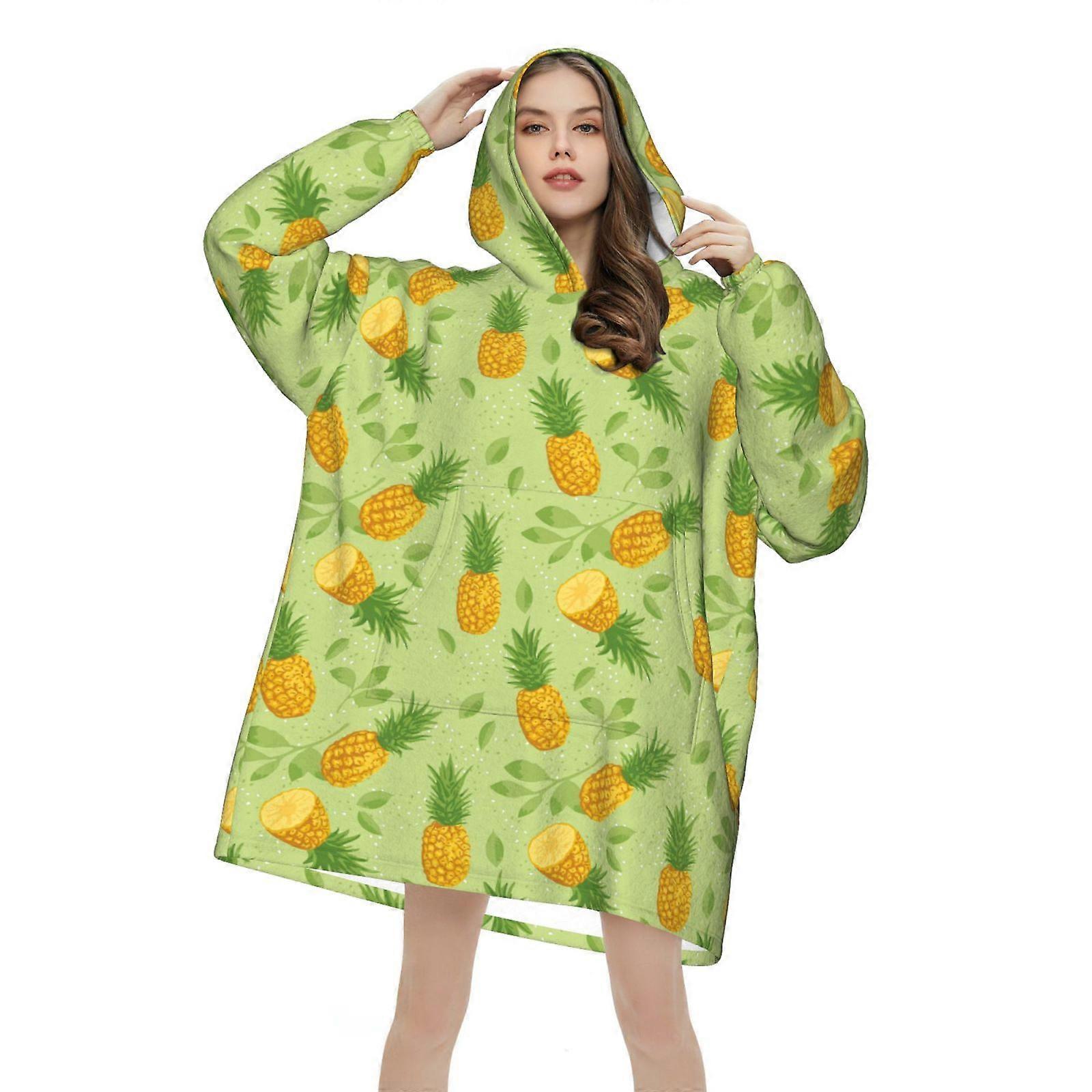 Fruit of Pineapple and Leaves Pattern Wearable Blanket Hoodie for Women Men Flannel Blankets Hooded Blanket