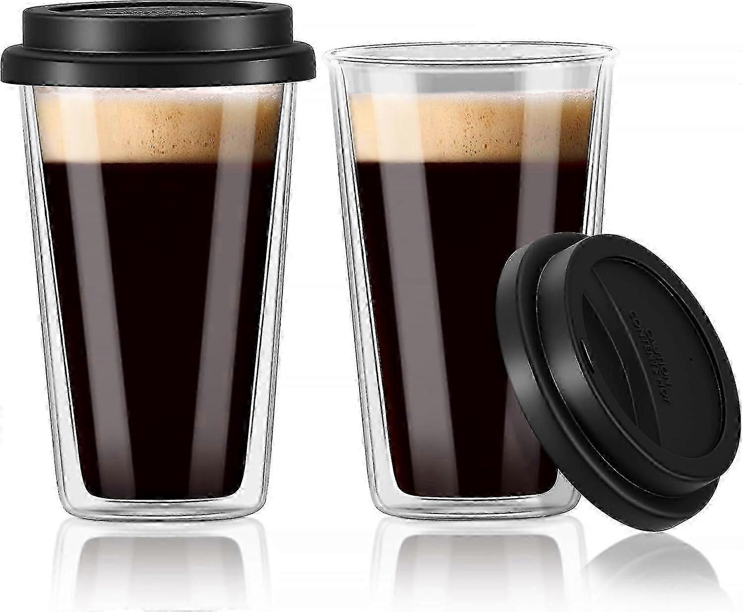 Tasses à café en verre à double paroi avec couvercles en silicone, tasses à café isolées de 12 oz 2 packs avec couvercles, tasses à café de voyage glacées en verre réutilisables sûres