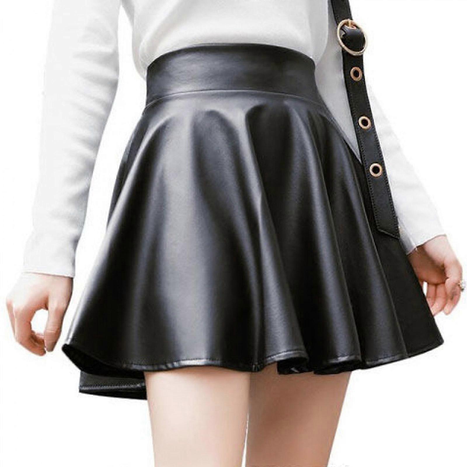 Womens Solid Color PU Faux Leather Pleated A-Line Mini Skirt