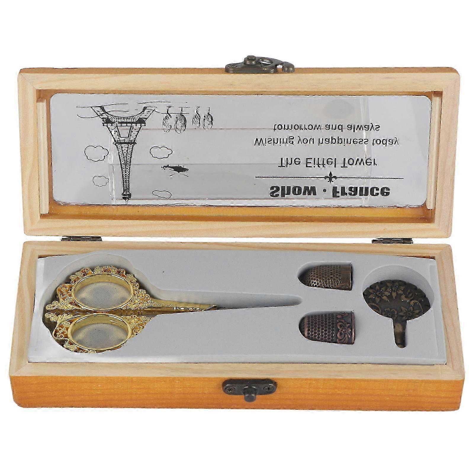 Portable Sewing Tools Vintage Scissors Metal Thimbles Thread Cutter with Box