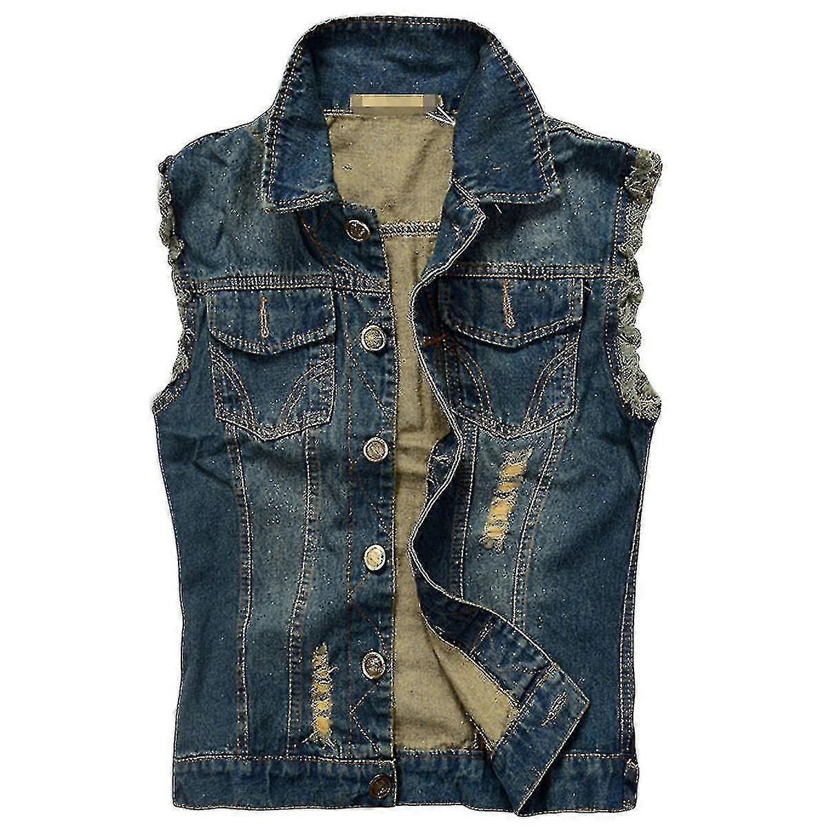 Mens Retro Casual Worn Sleeveless Denim Vest