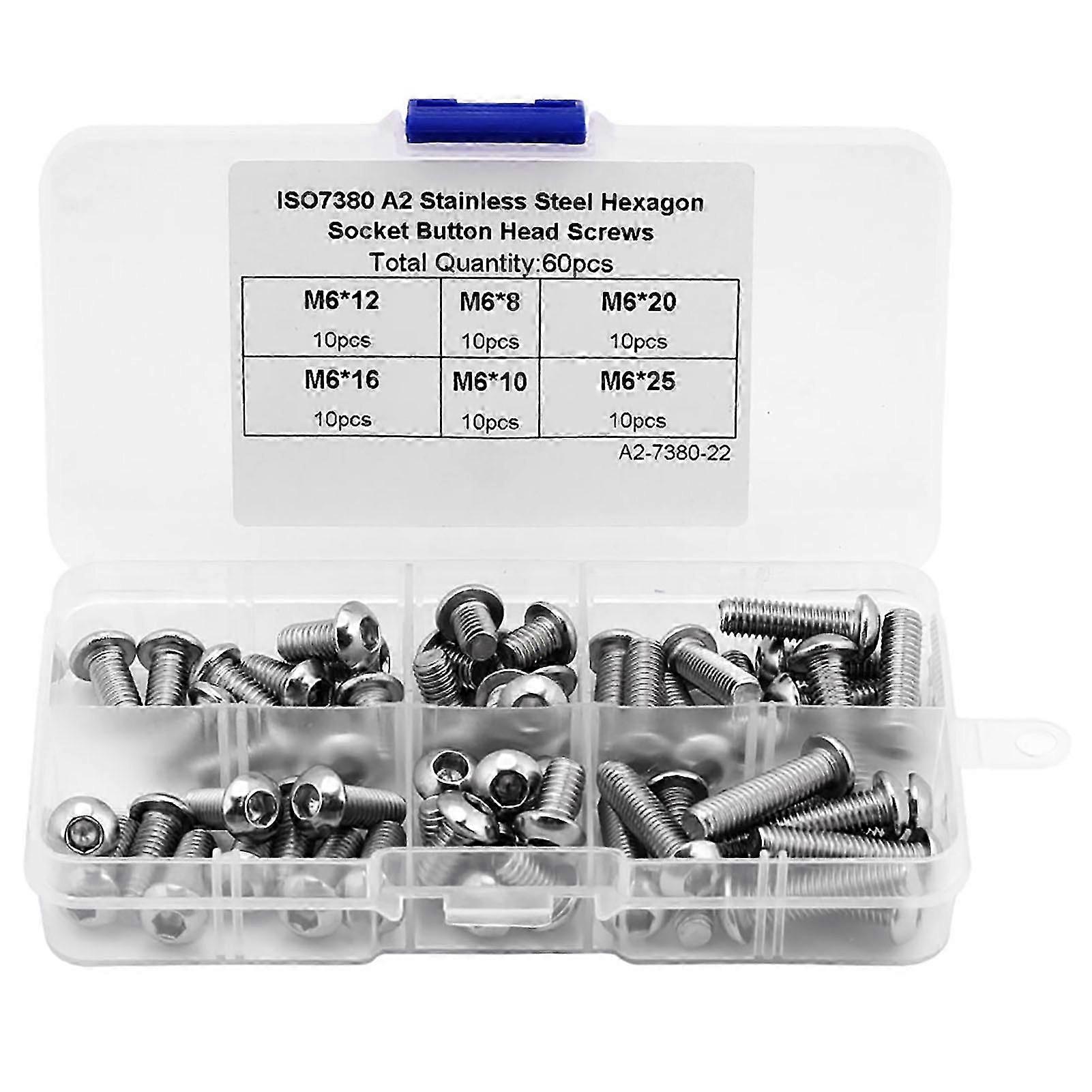 60PCS M6 Stainless Steel Hex Socket Button Head Screws Fasteners Accessories with Plastic Box