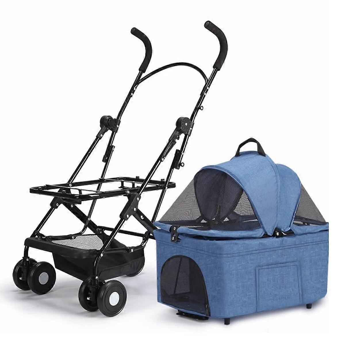 Pet Pram for Cats and Dogs, 4-Wheel Travel Stroller with Aluminium Frame, Easy One-Hand Fold, Removable Carrier and Car Seat (Blue)