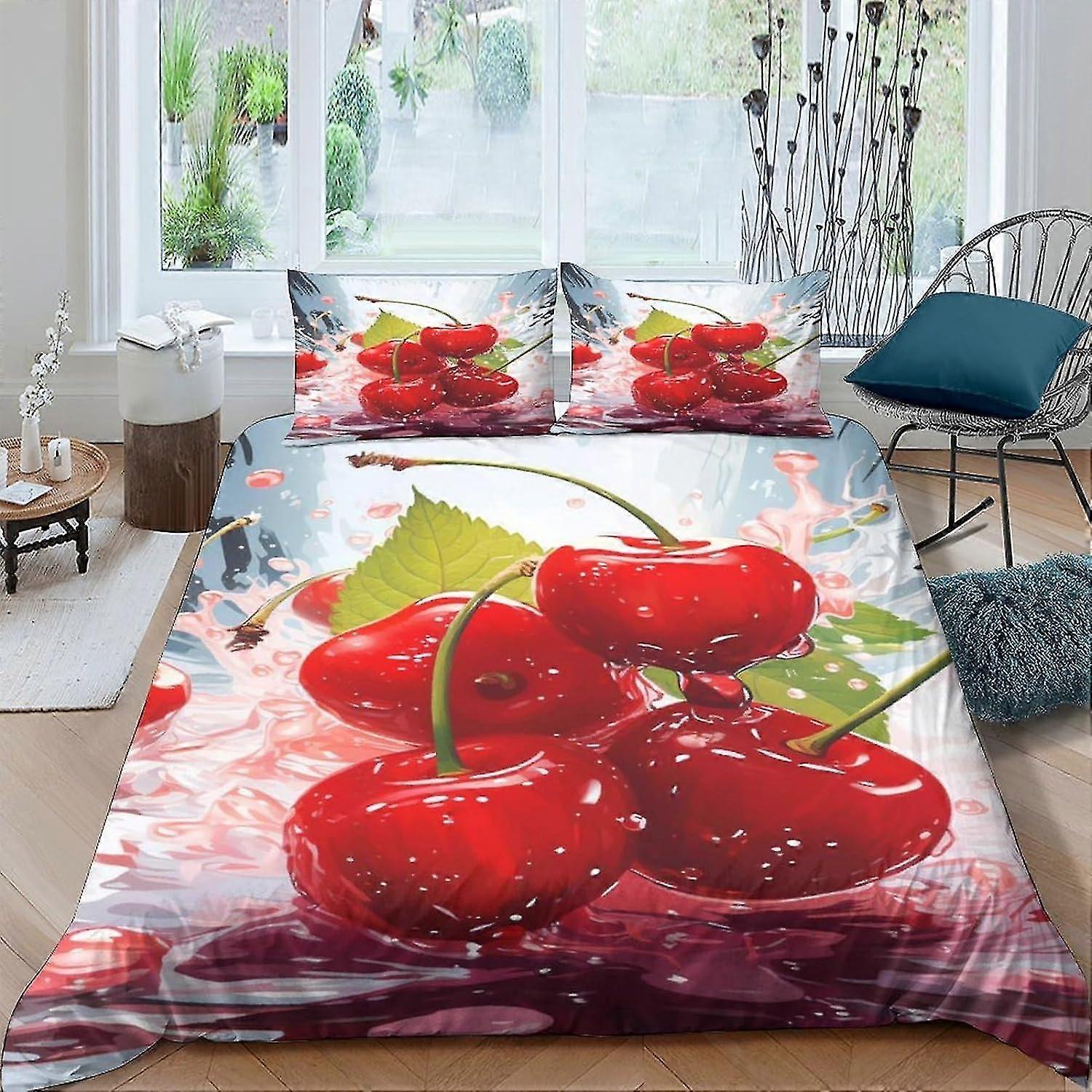 Conjuntos de cama de frutas de cereja com impressão digital 3D com fronha capa de edredom Microfibra macia Conjunto de 3 peças capa de colcha com fecho de zíper duplo