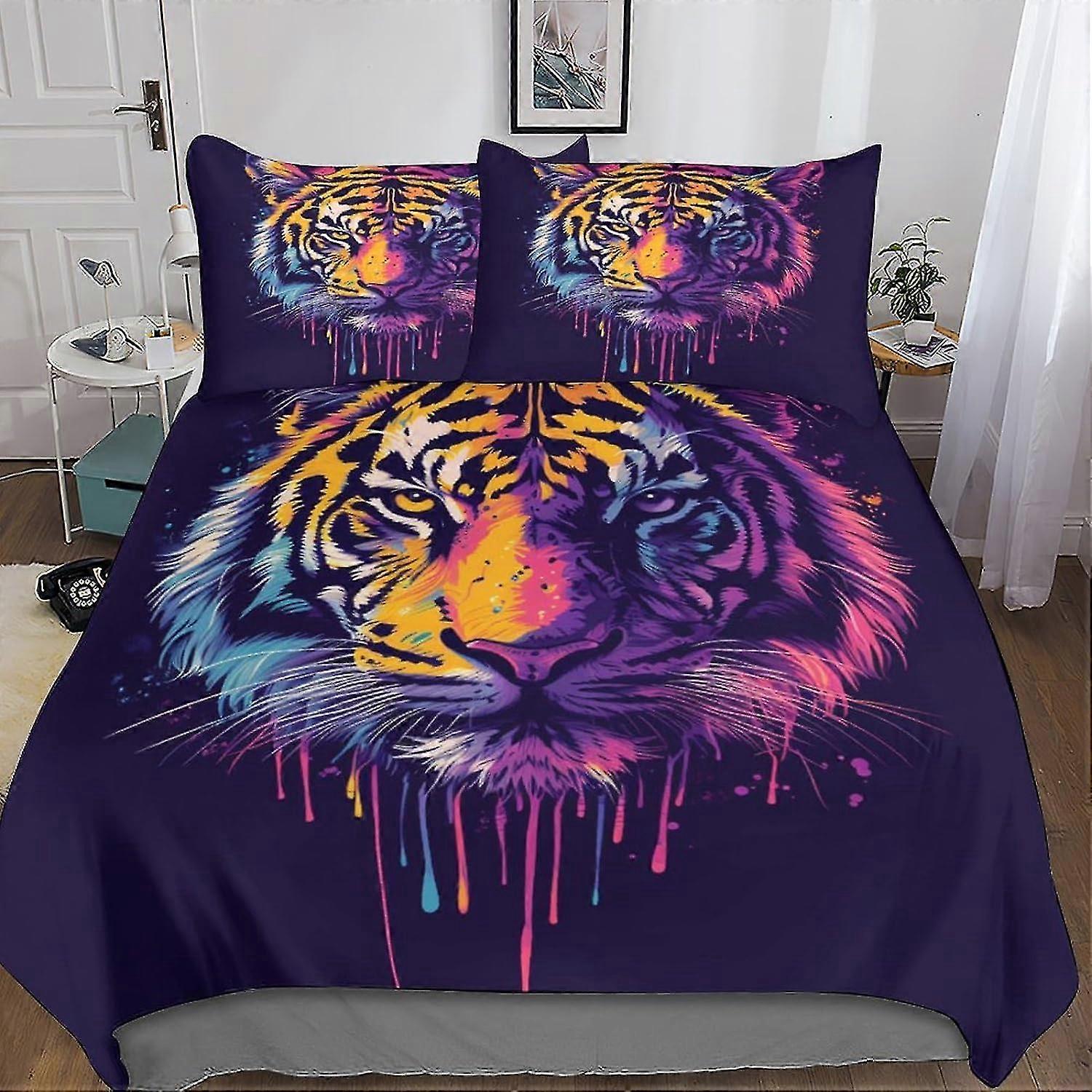 Conjunto de cama de capa de edredom de tigre selvagem impresso em 3D Colcha de animais de 3 peças com microfibra e fecho de zíper oculto para meninos