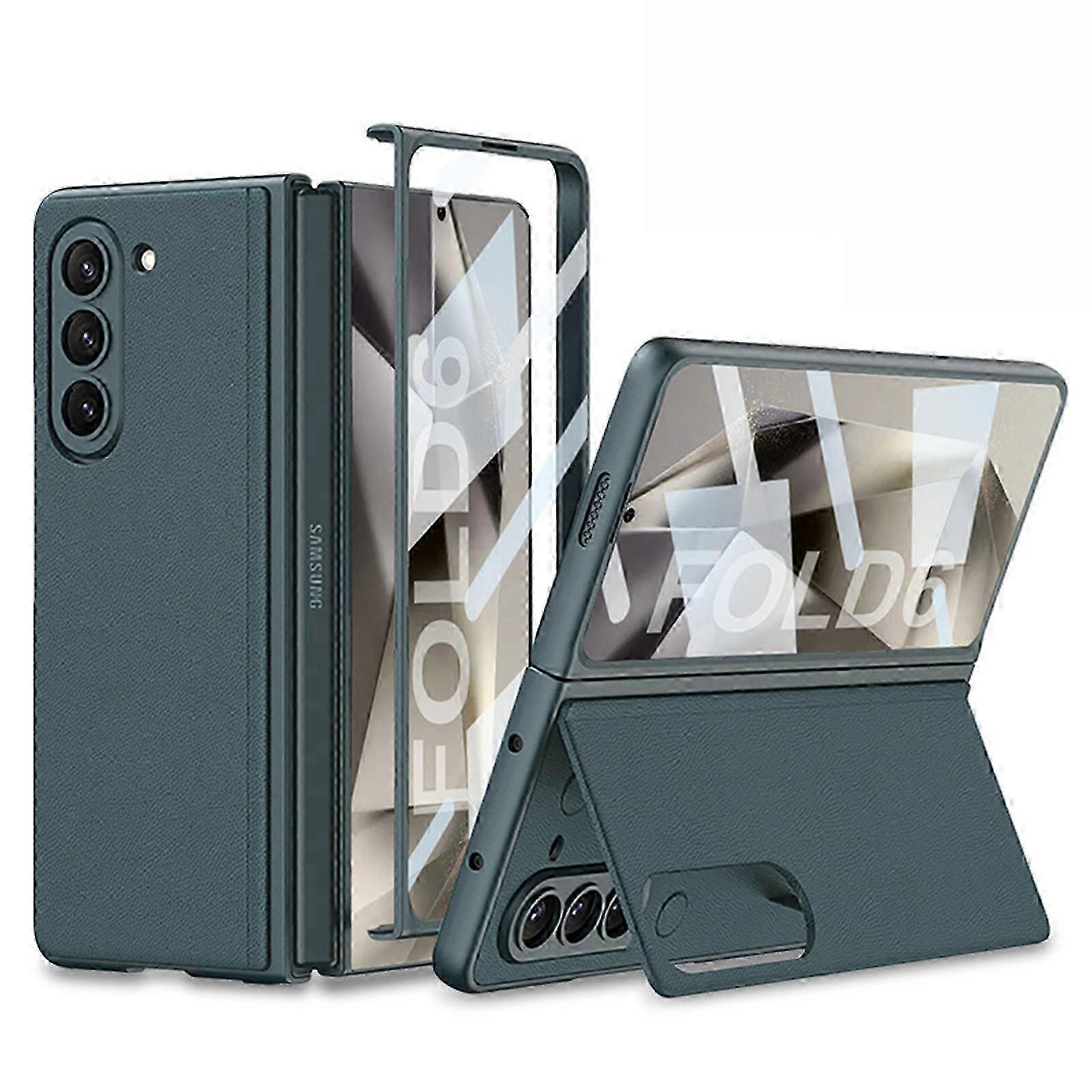 for Samsung Galaxy Z Fold 6 Case with Kickstand, Ultra Thin Slim Case Built in Screen Protector, Wireless Charging Leather Cover for Z Fold 6