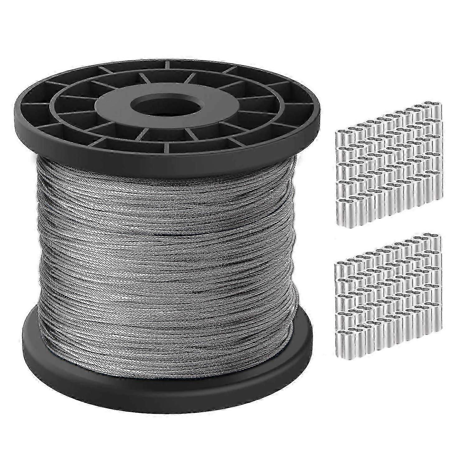 100M Length 1/16 Wire Cable, 7X7 Strand Core, 368Lbs/167Kg Breaking Strength with 100 Pcs Crimping