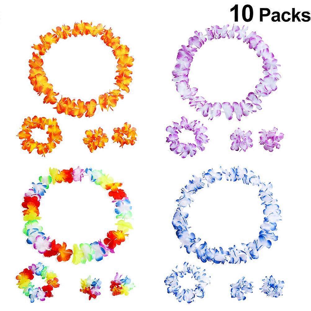 Hawaiian Luau Party Accessories with Grass Skirts and Flower Wreath 4 Piece Set in Assorted Colors