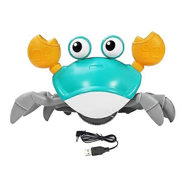 Crawling crab baby toy gift, automatically avoids obstacles, LED light, music, rechargeable interactive toy, blue.
