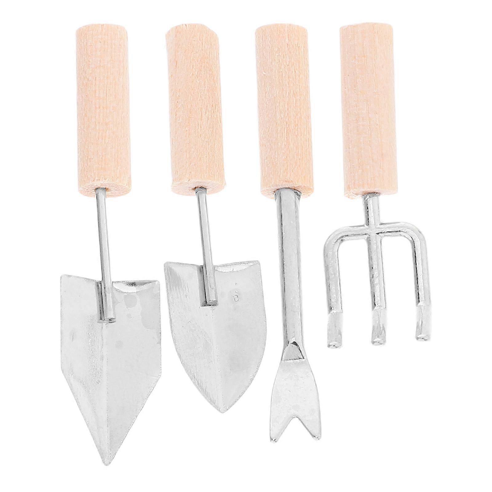 Wooden Handle Miniature Garden Tools for Fairy Garden with Realistic Design Compact Lightweight Silver 4 Pieces