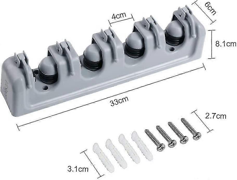 متعدد الوظائف الجدار مكنسة حامل، حامل شماعات التخزين لمطبخك، المرآب، غرفة الغسيل (4 مواقع و 5 السنانير)