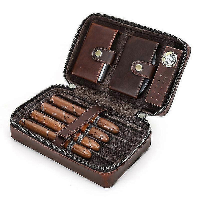 Vintage Leather 4-Pc Cigar Box with Moisture Meter