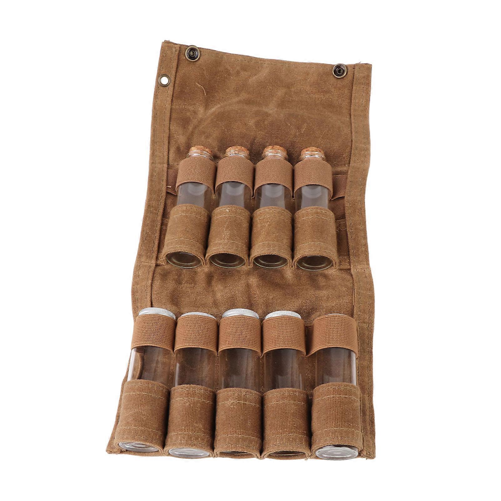 Portable Canvas Spice Bag with 9 Jars for Camping Travel Khaki