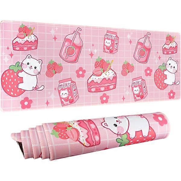 Kawaii Gaming Mouse Pad for Desk, Extended Large Cat Strawberry Milk Mousepad, Pink Mouse Pad XL, Cute Mouse Pad