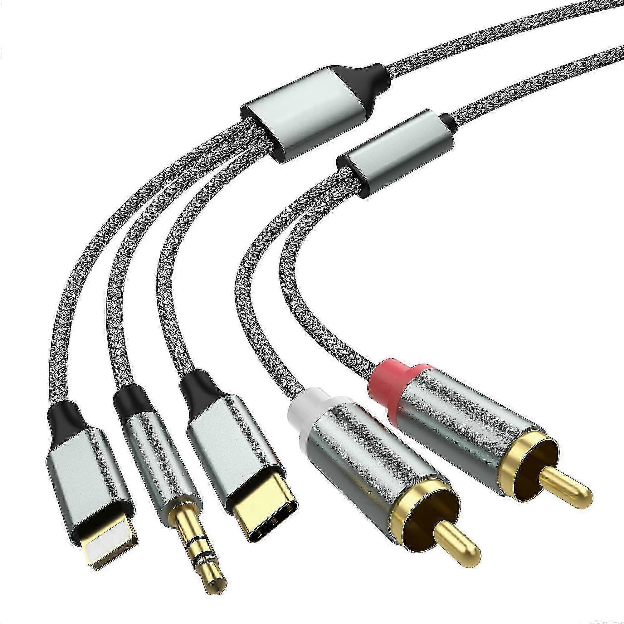 Adapter audio 3 w 1 do systemów samochodowych i kina domowego ze złączami Lightning, USB-C i RCA do wyjścia 3,5 mm