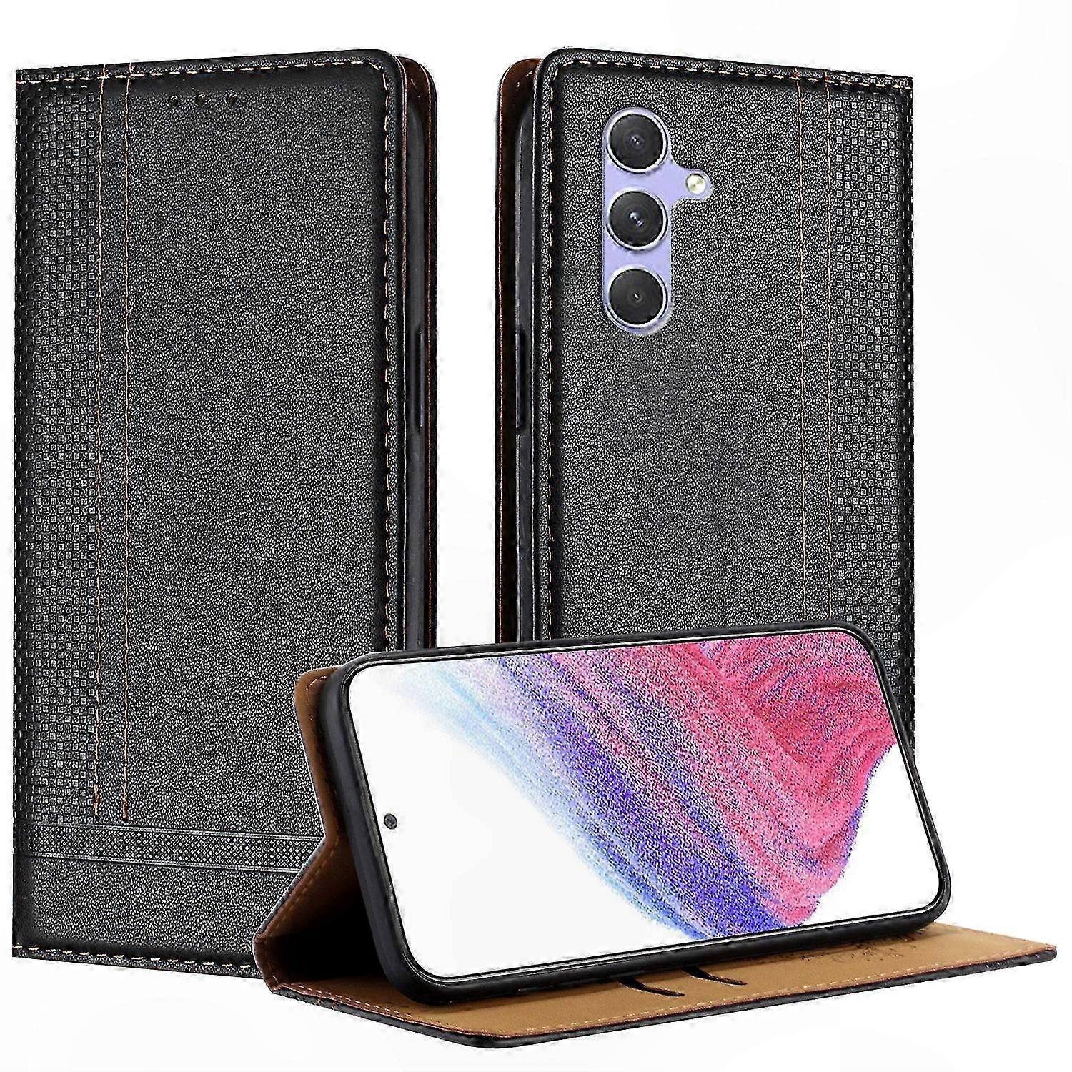 Leather Phone Case with Card Slots and Stand for Galaxy A54 5G, Grid Pattern Cover