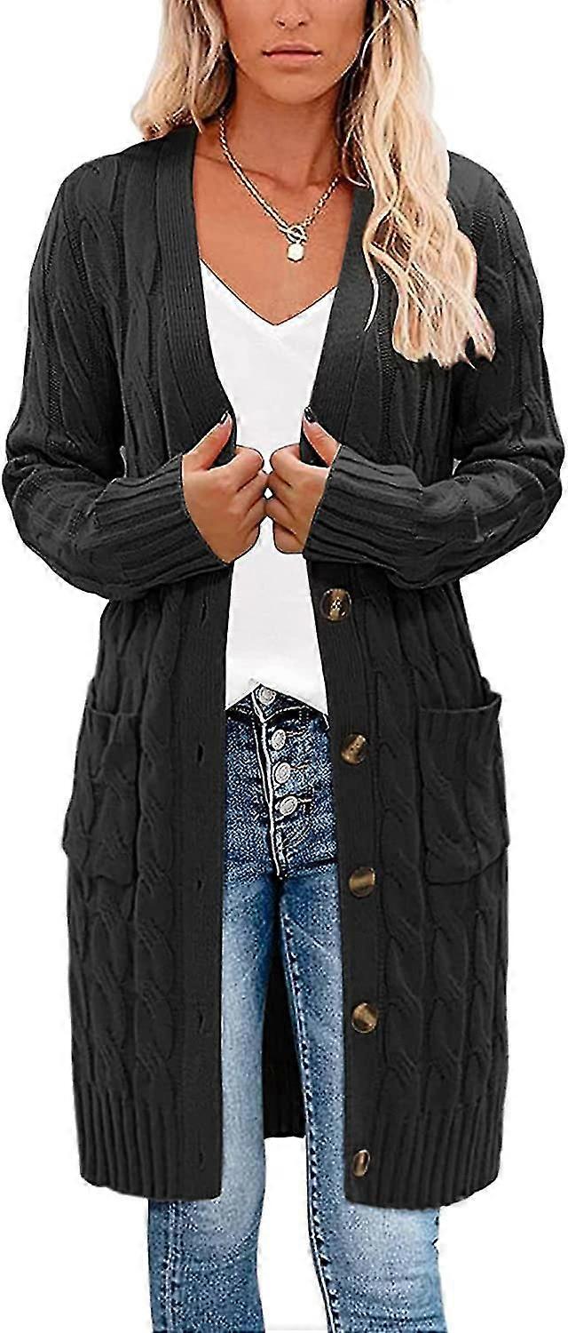 Womens Long Sleeve Cable Knit Long Cardigan Open Front Button Sweater Outerwear