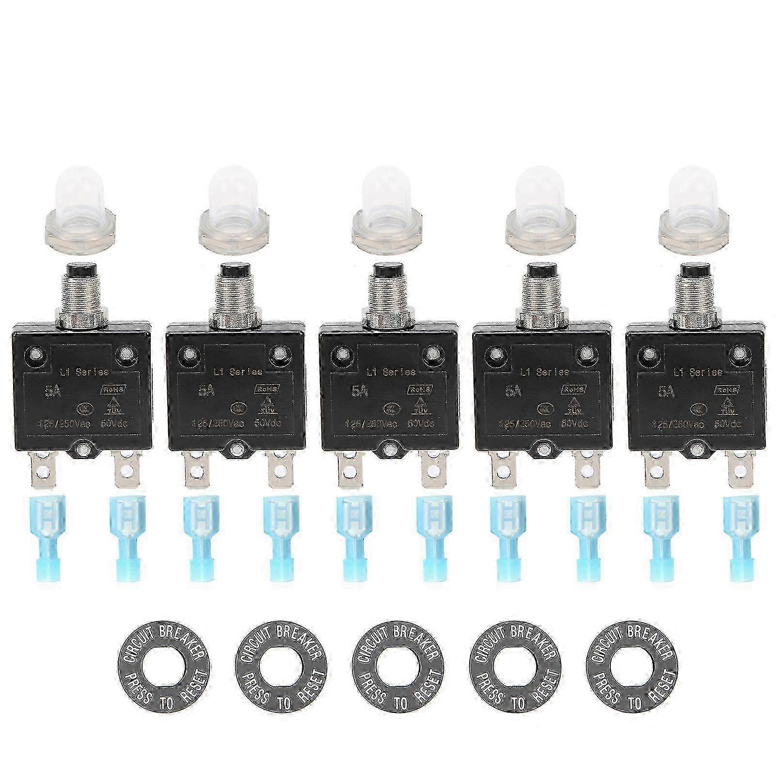 5A Thermal Circuit Breaker with Quick Connect Terminals Waterproof Cap Kit Push Button Manual Reset