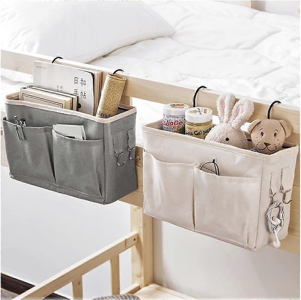 Bedside Storage Caddy - White Fabric Hanging Organizer with Multiple Pockets for Magazines, Books, Remotes, Smartphones