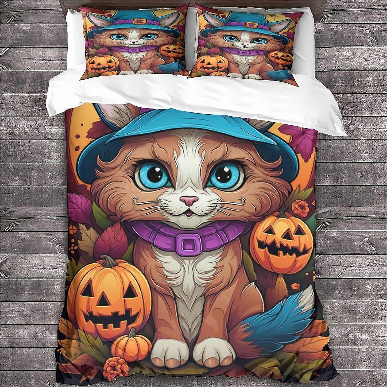 LikeEj القط الفراش طقم هالوين غطاء لحاف غطاء لحاف لطيف غطاء لحاف ناعم مع معدن سحاب الملك