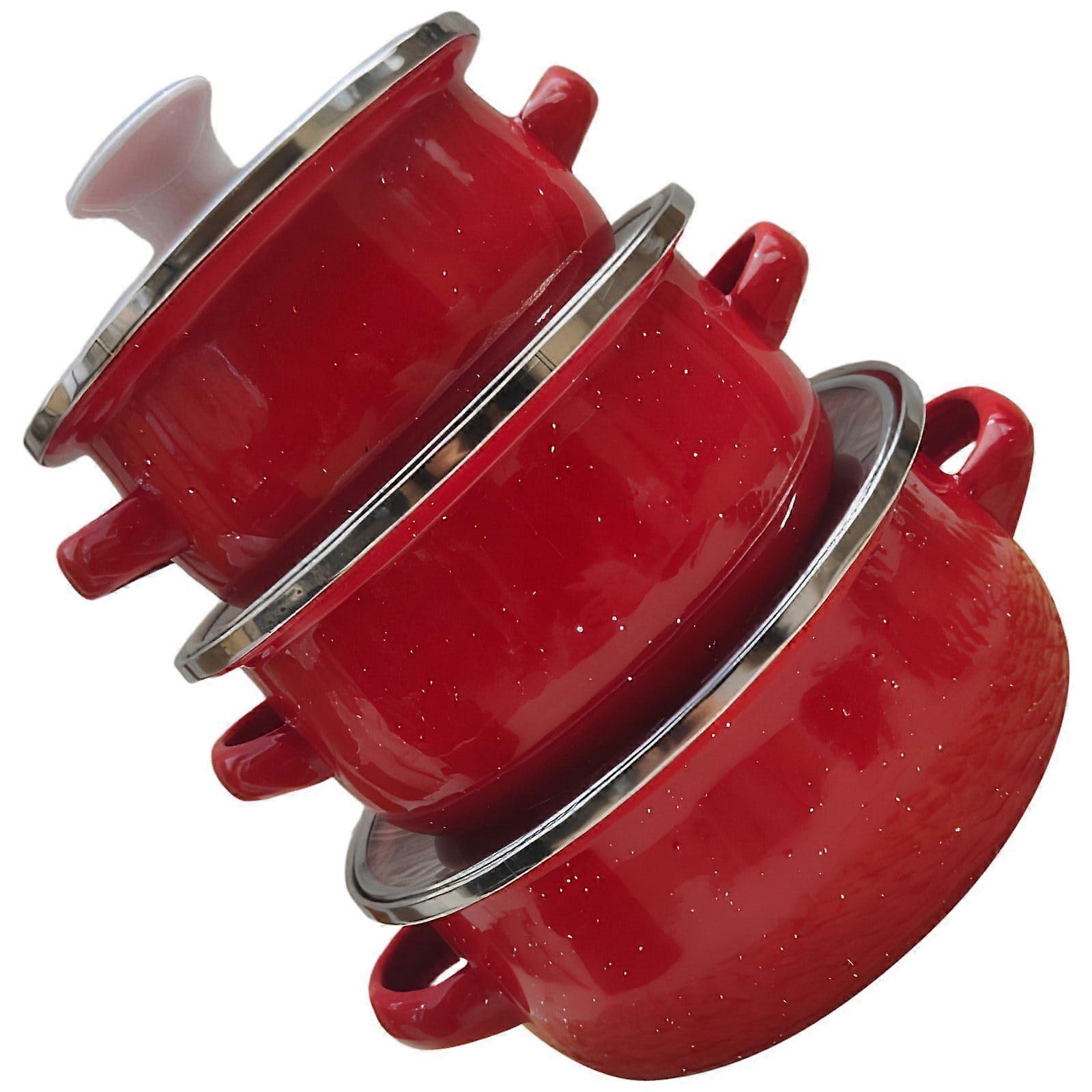 Enamel Cookware Set 3Piece Ceramic Pots with Glass Lids Oven and Stovetop Safe Red