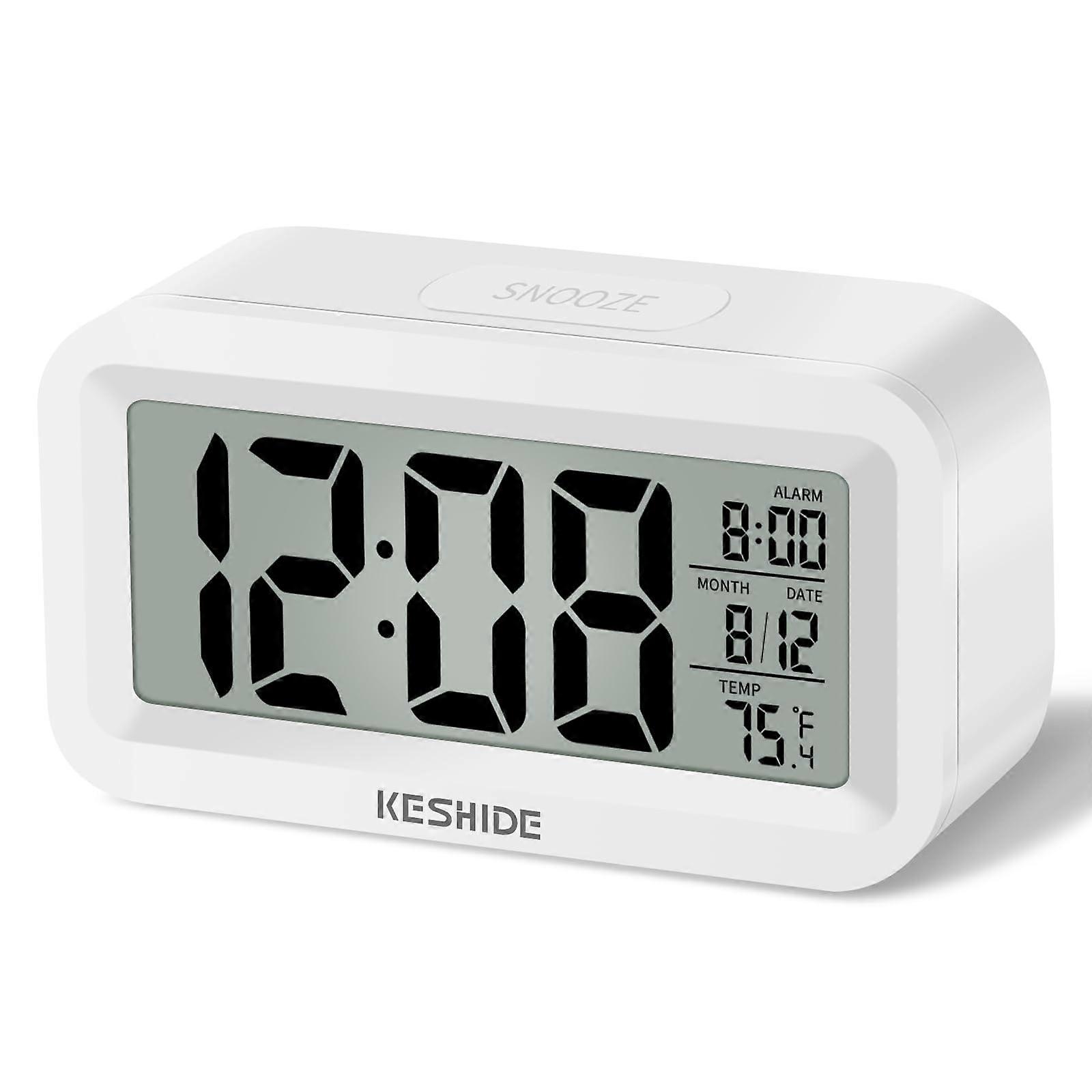 Travel Digital Alarm Clock with Indoor Temperature, Battery Operated Snooze Desk Clock for Bedroom and Travel White