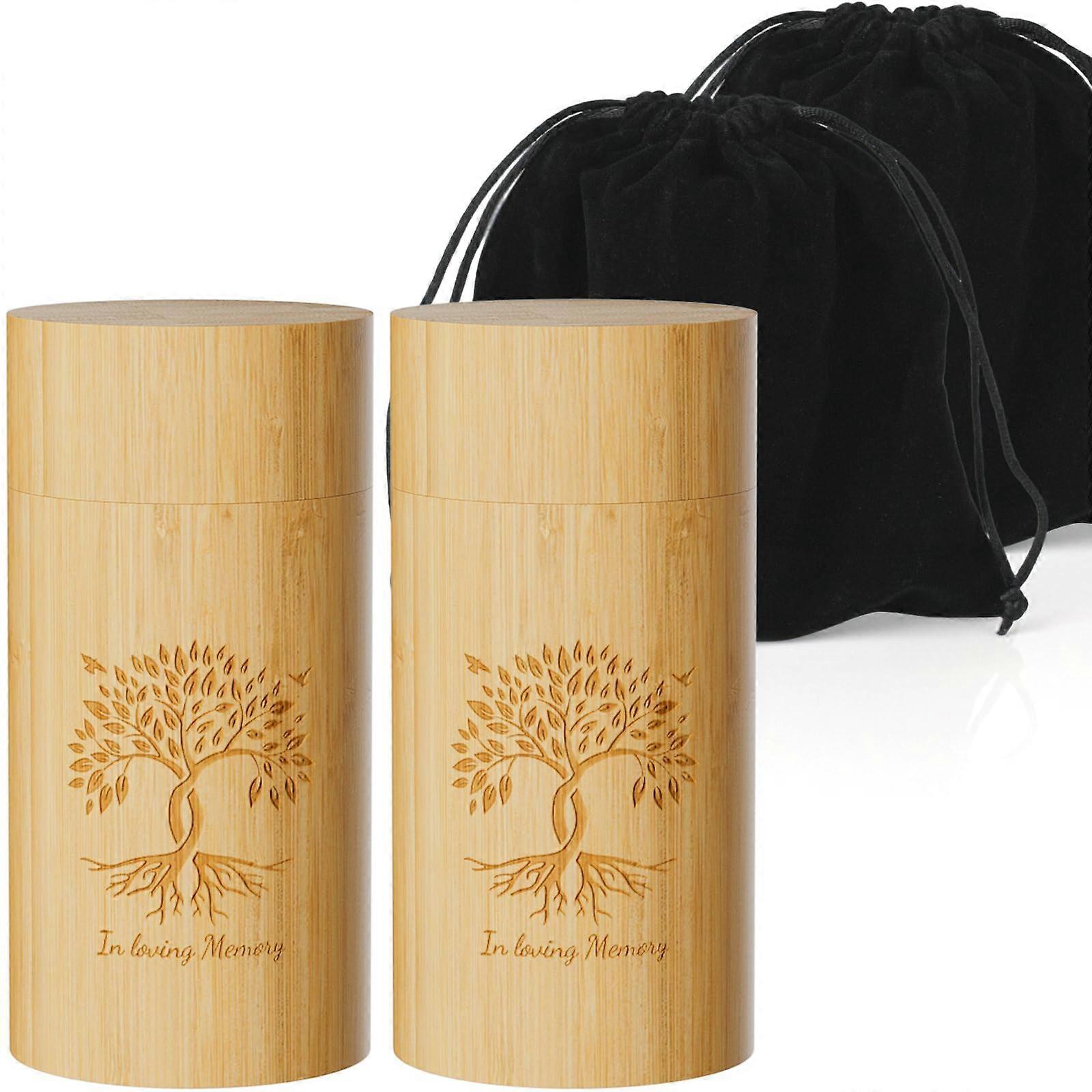 2 Packs Small Urns for Human Ashes, Mini Bamboo Keepsake Urns with Tree of Life, Velvet Bag