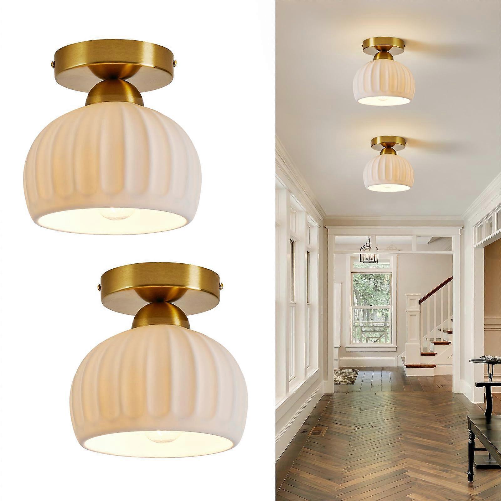Vintage Ceramic Ceiling Light 2 Pack, Gold Globe Semi Flush Mount Fixture for Kitchen Hallway